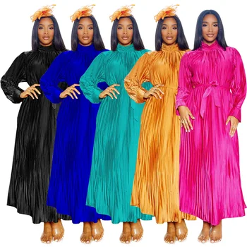 2023 Елегантни африкански рокли за жени, Дашики, Африка, Полиестер с дълъг ръкав, Однотонное Плиссированное Дълга рокля Макси, Африканска облекло