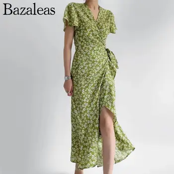 2023 Магазин Bazaleas Дамски рокли са с Кръстосана Завязкой и Колан-лък Халат Миди С принтом Зелени Маргаритки-Секси Официална рокля