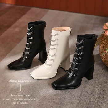 2023 нови есенно-зимни дамски ботильоны от естествена кожа 22-25 см, воловья кожа + свинска кожа, модерни обувки с метален веригата на дебелите токчета, къси ботуши