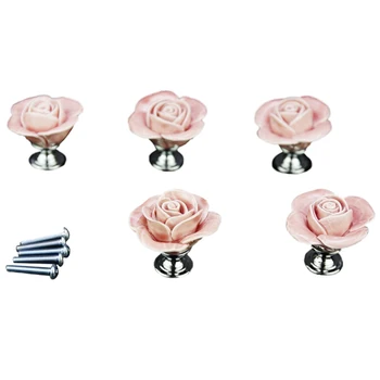 5 x Розовата Врата Мебели Керамична Дръжка Антикварни Винтове-копчета В комплект с Елегантен Дизайн във формата на Рози