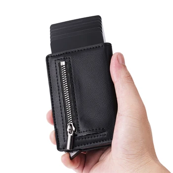 CASEKEY Мъжки портфейл от естествена кожа Напа с магнитна закопчалка в три гънки, на интелигентни мрежи, RFID, Поп държач за карти, Малък портфейл, Чанта за пари