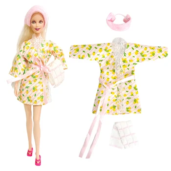 NK Official Кукла 1/6 Комплект дреха-рокля: модерен халат за баня с лимонов шарките + лента за коса + кърпи за баня за куклена къща на Барби