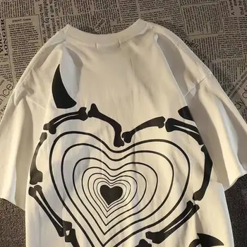 Американската Градинска тениска с графичен принтом във формата на Сърце Дявола, Лятна Мъжки и Дамски Свободна Двойка в Ретро стил, Модни и Ежедневни Тениска С Къс ръкав harajuku