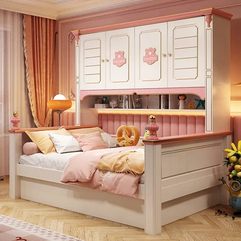Бебешко легло, шкаф, вграден в лампата, луксозен малък блок, многофункционално легло, за момичета, розово момиченце, принцеса от масивно дърво, височина a