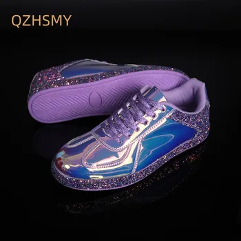 Вулканизированная обувки за момичета 2023, Златни лъскави обувки на плоска подметка, Маратонки с блестящи кристали За момичета, Ежедневни Дамски Дишащи Улични Маратонки, Лоферы