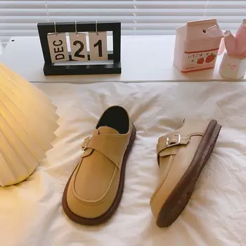 Дамски обувки 2023 г.; Дамски летни обувки на плоска подметка с кръгла пръсти; Лоферы от черна естествена кожа; Ежедневни Елегантни Обувки на нисък Ток; Популярна