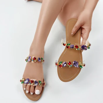 Дамски сандали с цветни камъни, украсени