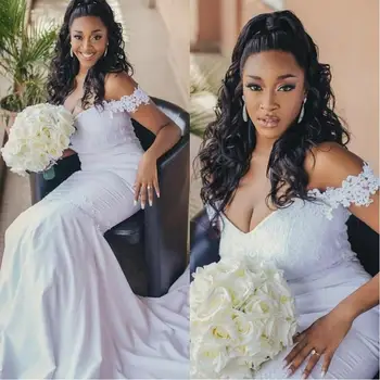 Елегантна африкански рокля с открити рамене, големи размери за жените 2024, Секси сватбени рокли с дантела на Русалка на поръчка