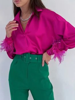 Есен-зима 2023, Дамска Мода Елегантни Блузи с дълъг ръкав и пера, обикновен дамски Блузи, Коприна сатен Блуза, риза за жени