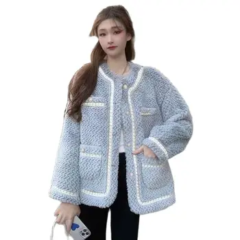 Есен-зима 2023, Ново палто от вълна от овце, Дамски Свободна и универсална удебелена топло однобортная на горно облекло