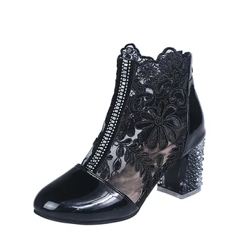 Есенни черни обувки от изкуствена кожа с дантела, пикантни женски обувки на дебелите ток на веригата, мотоциклетни ботуши в стил пънк 5688