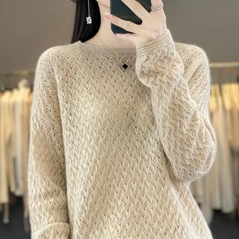 Есенно-зимния нов вълнен пуловер от 100 вълна с кръгло деколте, женски вязаный на една кука деликатен пуловер, свободна корея трикотажная долна риза