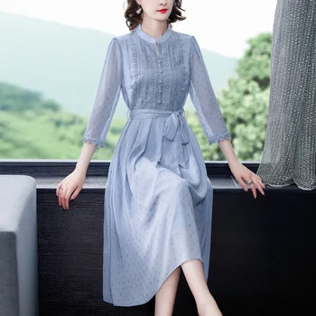 Корейското качество шифоновое дантелено секси рокля однотонного цветове, голям размер, със средна дължина