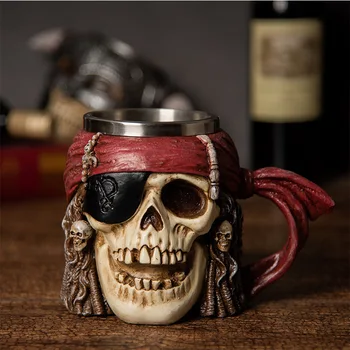 Креативна една чаша с 3D пиратски череп, чашата за Кафе с Голям капацитет, Смола Viking от неръждаема стомана, Необичайна чаша за вода, изискан подарък за момче