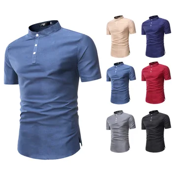 Лятна Мъжка риза с Висока яка и къс ръкав в три Копчета, Монофонични Модерен Темпераментна Пуловер, Нови Мъжки Ризи