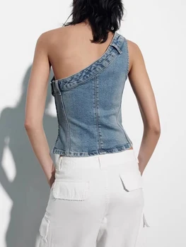 Модерен женски деним съкратен топ без ръкави с дизайн по едно рамо - стилна деним риза без облегалка за лятото