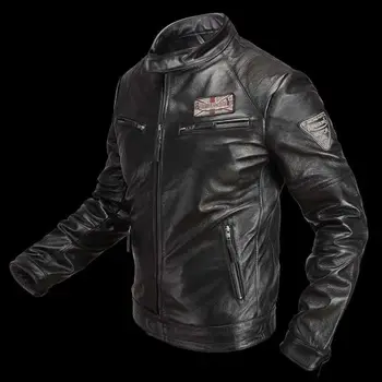 Мъжки якета от естествена телешка кожа, Късо Дизайн с тънък шал яка подпора, Ежедневни мъжки палта за мотобайкеров