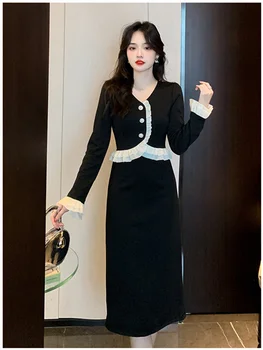 Ново модно Елегантна Женствена черна рокля миди-дължина за жени, Ежедневна Рокля с дълъг ръкав и набори, коварен цельнокроеное рокля