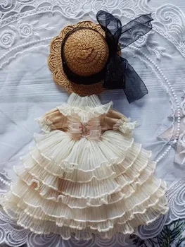 Облекло за кукли BJD подходящ за 1/6 размер на памучни кукла Blythe 20 см, бежово и бяло дантелено рокля с къс ръкав + шапка, аксесоари за кукли