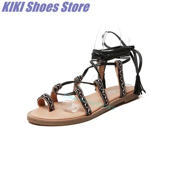 Плажни обувки, дамски сандали в бохемски стил на брега на морето, дамски летни нови сандали на равна подметка с преминаването каишка и конвертируеми пръсти