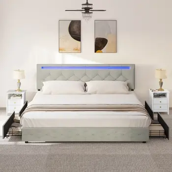Рамка на легло King Size с led осветление с Регулируем Мек таблата + 4 кутия за съхранение