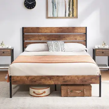 Рамка на легло Vecelo Метална платформа с дървени таблата Размер Queen Size