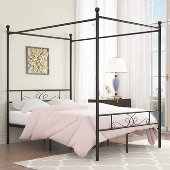 Рамка на легло на платформа с метална балдахин за съхранение на Мебели за спални, Черна рамка на легло мебели за спалня с легло с размер 