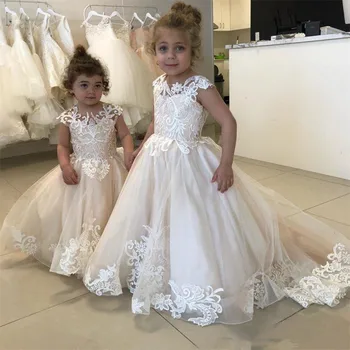 Сватбени рокли с кружевными апликации за момичета в едно цвете, бяло Детско Принцеса рокля, Елегантна бална рокля за Първо причастие, бала