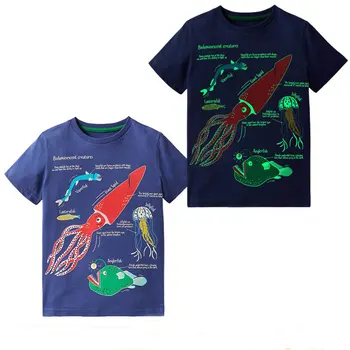 Светещ модерна лятна нова тениска за момчета, памучни тениски с къс ръкав и животни, тениски с калмари, детски тениски за момичета, потници за момчета, детски дрехи