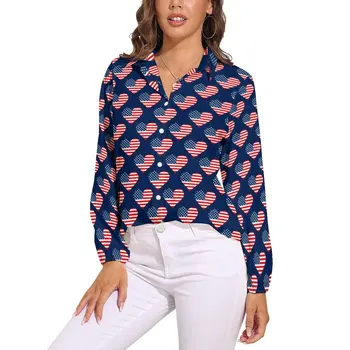 Свободна блуза със сърца под Флага на САЩ, Патриотични бели сини Класически блузи Оверсайз, модерни дамски ризи с дълъг ръкав, Годишен графичен топ