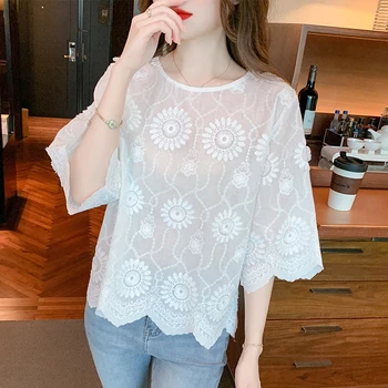 Скъпа Лейси бяла риза с 3D цветя, Летни дамски блузи, Однотонная Блуза с 3/4 ръкав, Свободна Вязаная на една кука