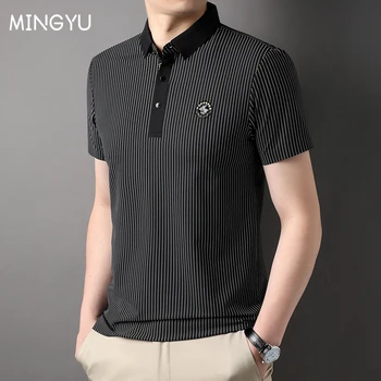 2023 Нова лятна мъжка риза с къси ръкави в черен цвят, в ивица, Тънка бизнес спортни дрехи с къс ръкав, Луксозни ежедневни ризи поло с отворотами, Потници за мъже