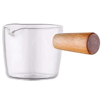 4 бр., прозрачно стъкло сметана с дървена дръжка, мини-кана за приготвяне на кафе мляко. 50 мл
