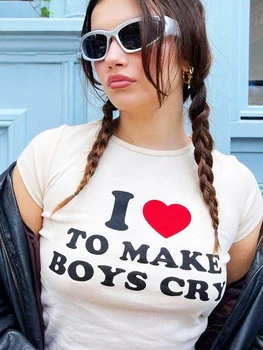 I LOVE TO MAKE BOYE CRY Естетичен Разпечатки с букви, Сексуална Градинска Дрехи, Дамски Съкратен потници, Облекло Y2k, Ежедневна Детска Тениска, Реколта Тънка Секс