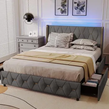 Led рамка на легло Queen-Size с 4 чекмеджета за съхранение, живеейки легло-платформа