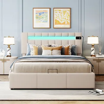 Led Хидравлична легло за съхранение, меко легло Queen Size, Bluetooth плейър и USB зареждане, Бежово кадифе плат