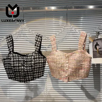 LUXE & ENVY 2023, Летни нови однобортные ежедневни твидовые дамски блузи без ръкави в стил мозайка