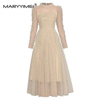 MARYYIMEI, есента модно дизайнерско женствена рокля с висока яка, с пищните ръкави и рюшами, мрежести елегантни рокли на точки