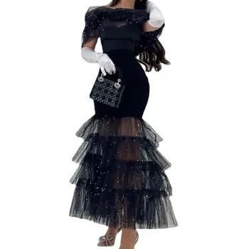 Vestido Feminino Банкет в Елегантна Вечерна рокля 2023, Черно Сетчатое Прозрачна рокля с пайети, Приталенное рокля с дълга Талия за междуградски пътувания