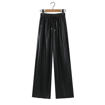 YENKYE Есенни женски Реколта черни панталони от изкуствена кожа с еластичен колан на съвсем малък, Женски преки Свободни панталони пълна дължина