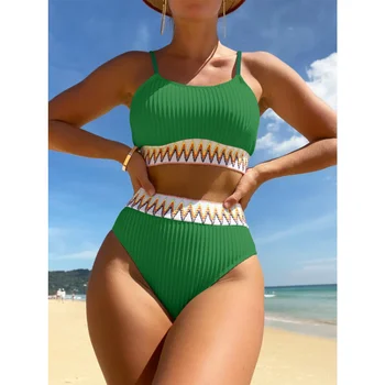 Бикини в рубчик в стил мозайка, комплект от две части за жените, лято 2023, Съкратен топик без ръкави, долни гащи с висока талия, хавлии за плаж, бански костюм