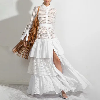 Женствена рокля 2023, Есен нова Бяла рокля с ревери и накъдрен, отворено Бяла рокля