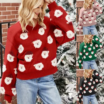 Коледни Ежедневни Блузи За жени, Пуловер с дълги ръкави и Сладък Размита фигура на Дядо Коледа, който е кръгъл Отвор, Свободни Пуловери