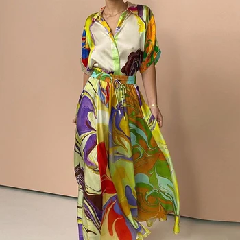 Комплект сатен на женските поли с винтажным модел, пролетно однобортная риза с ревери и дълги поли, летен костюм с къс ръкав