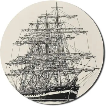 Кръгла подложка за мишка с пиратски кораб Плаване с лодка Подробна илюстрация на Морска тема на Кръгла нескользящий гума геймърска подложка за мишка