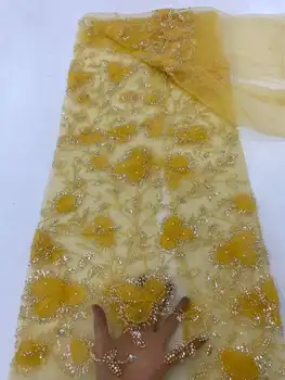 Луксозна Африканска Лейси плат от мъниста 2023, Високо качество, на 5 Ярда, Нигерийски тюл с пайети, 3D тъкан, Материал за сватба