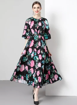 Лятото Женствена рокля свободно намаляване на Миди е с цветна принтом, плиссированное, 2023, Модерен елегантен дамски дрехи в стил ретро с къс ръкав