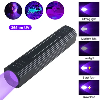 Мини 365нм UV Led фенерче USB Акумулаторна Мащабируем Черно, лампа, 5 режима на Uv UV фенерче Преносим Петна от Урина на домашни любимци Скорпион