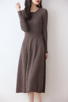 Пуловер от 100% мериносова вълна, официален марка Трафика на есента и зимата 2023, Ново секси рокличка с кръгло деколте, плътно однотонное рокля