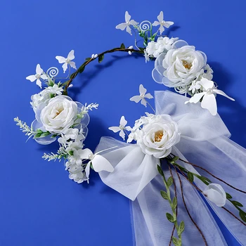 Сватбена цвете прическа на булката, цветен венец, лента за коса в ивица от лозови насаждения, аксесоари за плетене